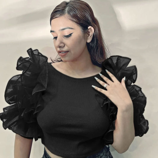 Ruffled Organza Sleeved Crop Top - Black