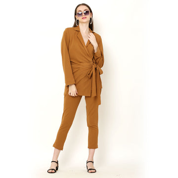 Stylish Wrap-Over Blazer Co-Ords Set  – Camel Brown