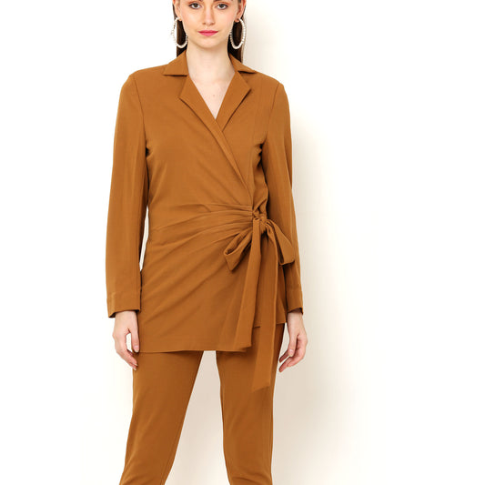 Stylish Wrap-Over Blazer Co-Ords Set  – Camel Brown