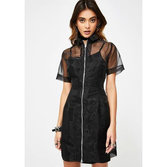 Organza Front Zipper Dress - Black