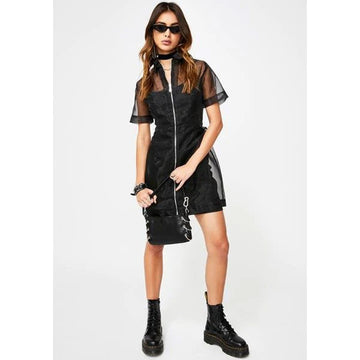 Organza Front Zipper Dress - Black