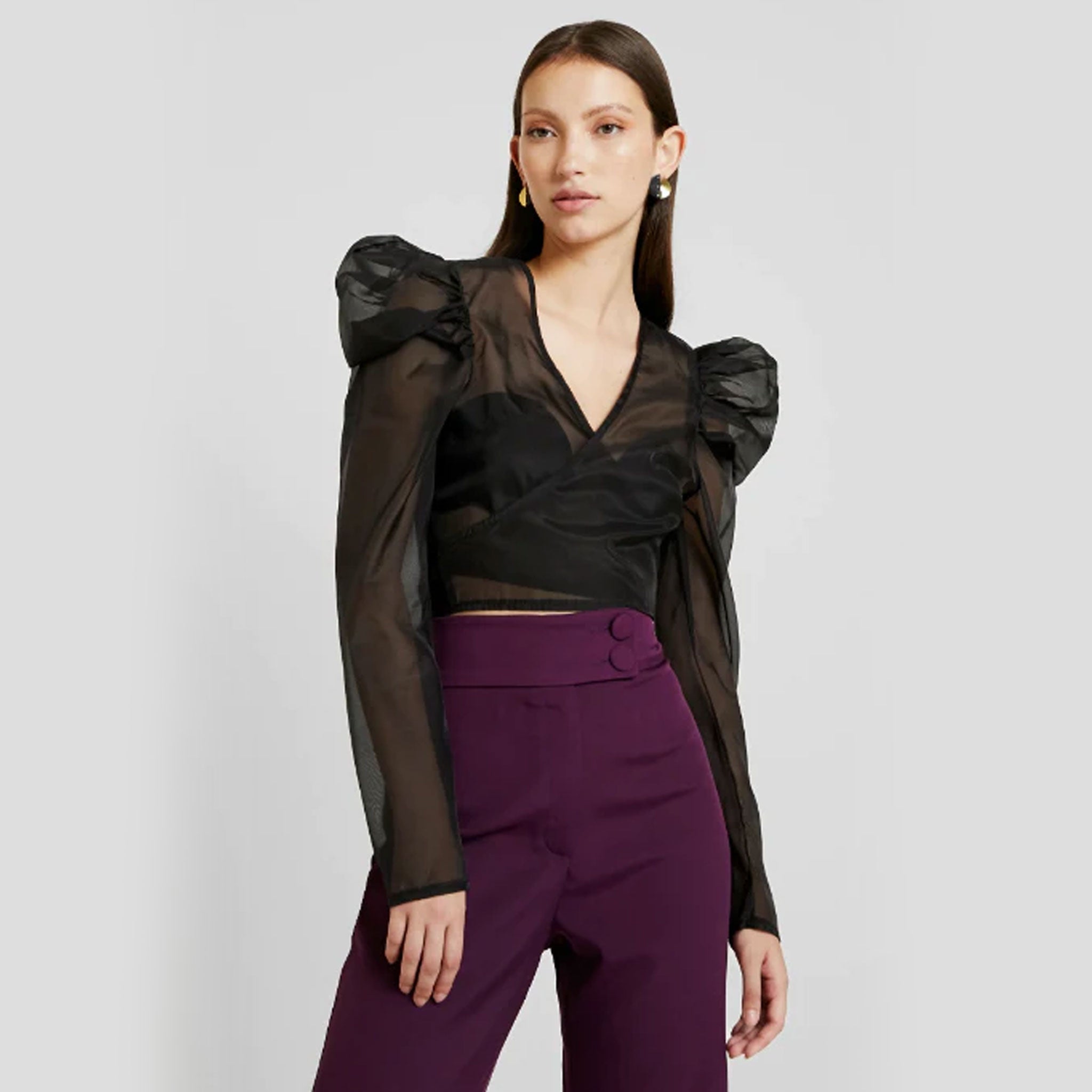 Puff Sleeve Deep V-Neck Wrap Organza Top - Black
