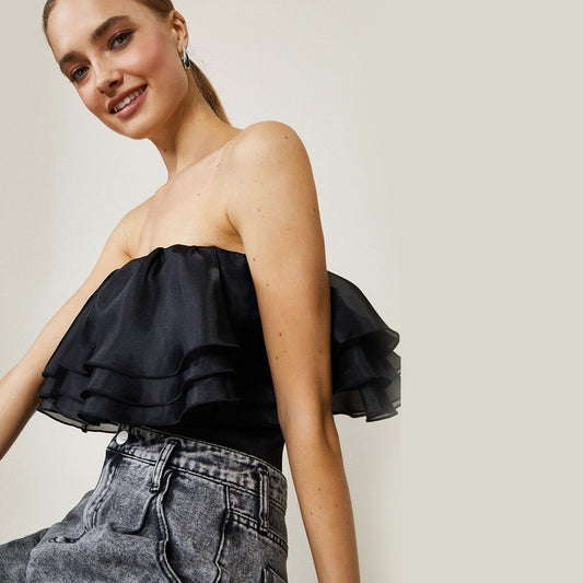 Organza Ruffle Black Crop Top