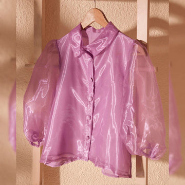 Trendy  Puff Sleeves  Organza Shirt - Pink