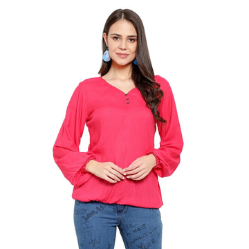 Solid Regular Fit V-Neck Top - Pink