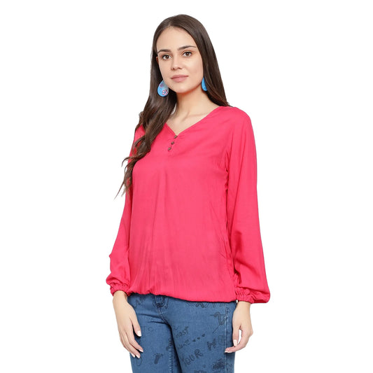 Solid Regular Fit V-Neck Top - Pink