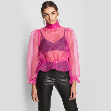 Semi Sheer Mandarin Collar Back Button Closure Top - Hot Pink