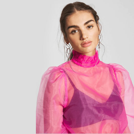 Semi Sheer Mandarin Collar Back Button Closure Top - Hot Pink