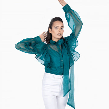 Bow Front Ruffle Organza Shirt - Green