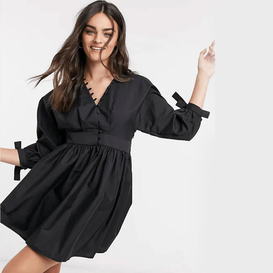 V-Neck Mini Cotton Dress - Black