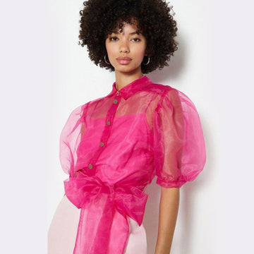 Organza Knotted Puff Sleeves Organza Top - Pink