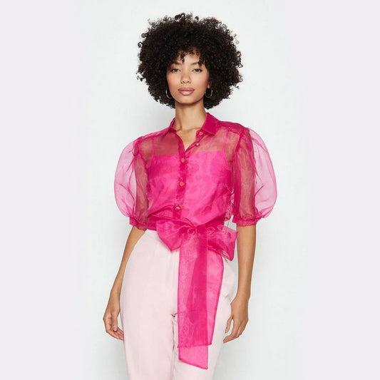 Organza Knotted Puff Sleeves Organza Top - Pink