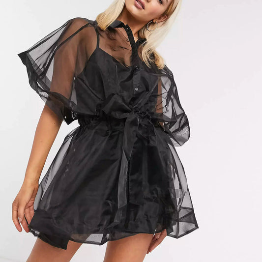 Oversized Organza Shirt Dress - Black