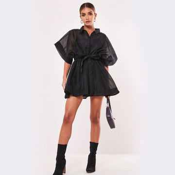 Oversized Organza Shirt Dress - Black