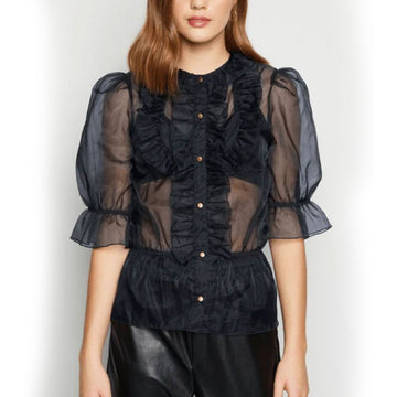 Frill Button Organza Shirt - Black