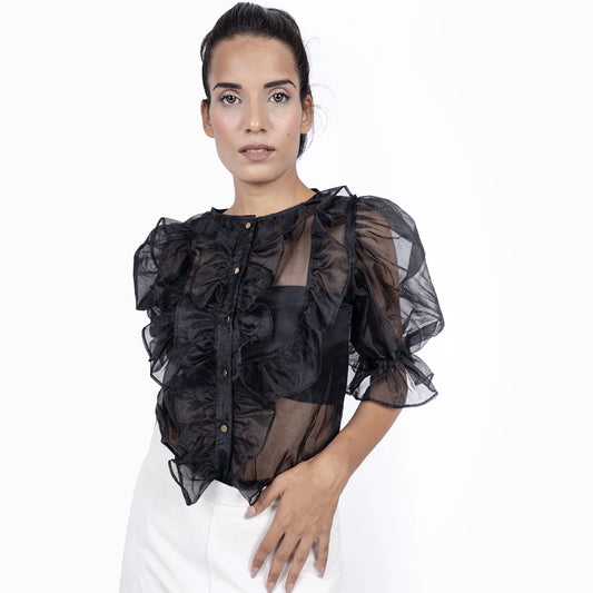 Frill Button Organza Shirt - Black