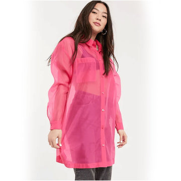 Collared Full sleeves Organza long Shirt - Pink