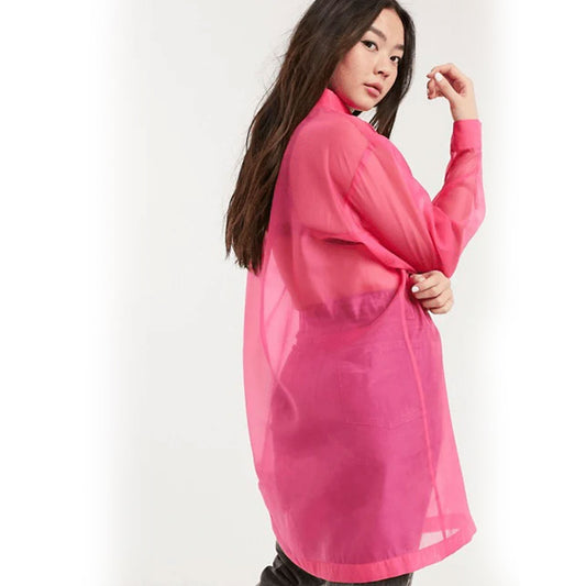 Collared Full sleeves Organza long Shirt - Pink