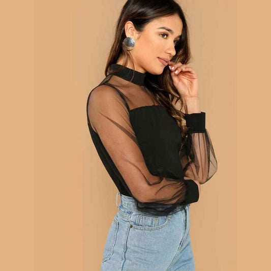 Sheer Mock Neck Top - Black