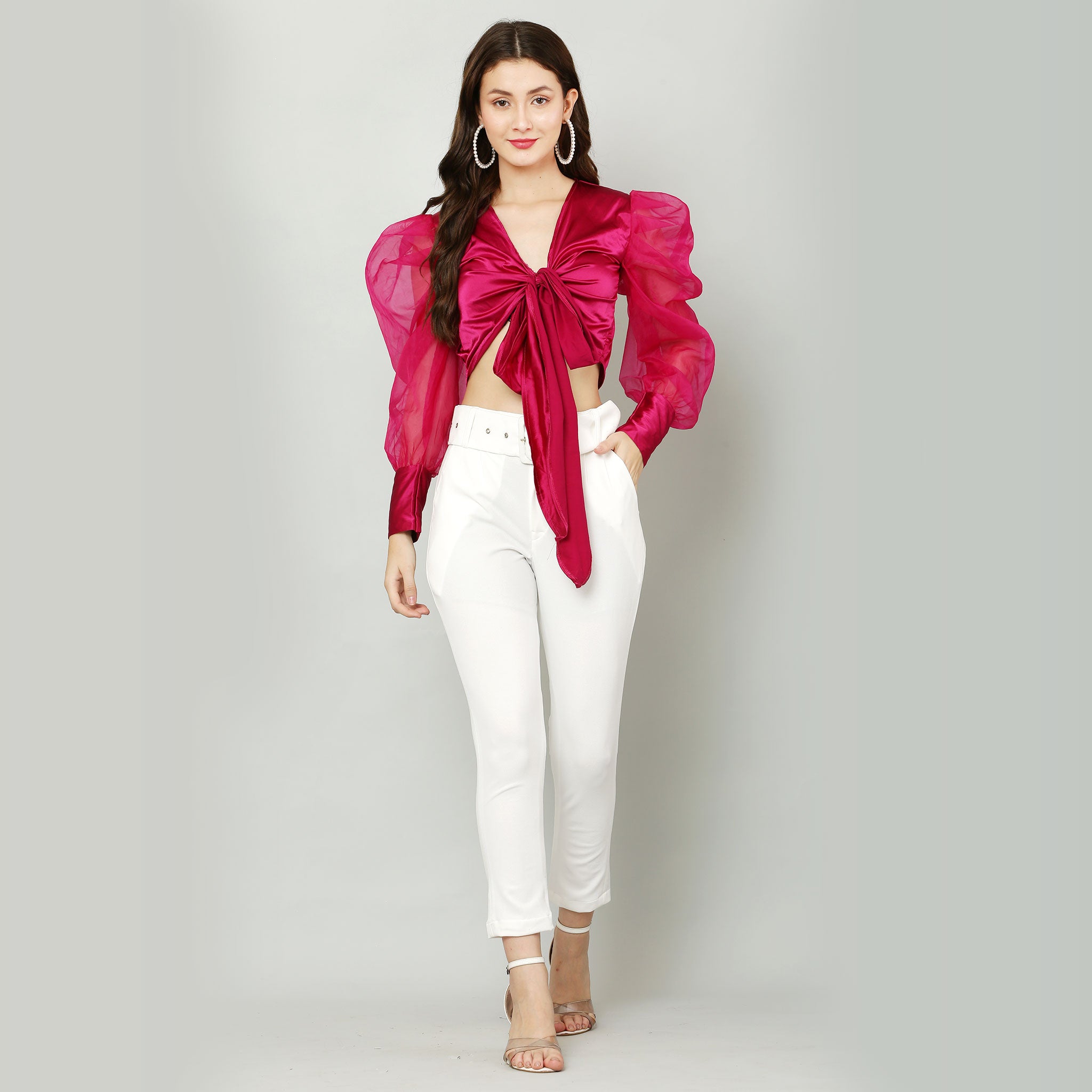 Organza & Satin Puff Sleeve Front Tie Top - Hot Pink