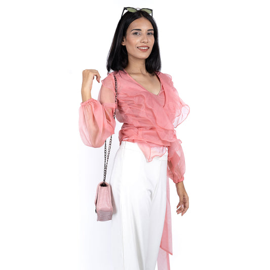 Ruffle Belted Crop Top - Peach