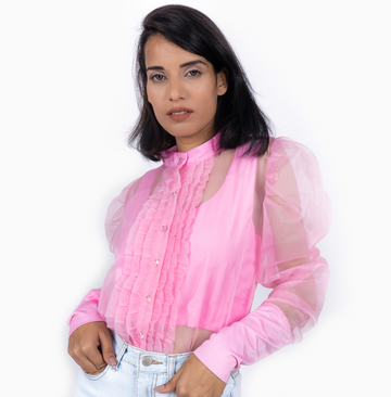 Ruffle Trim Party Wear Shirt - Pink