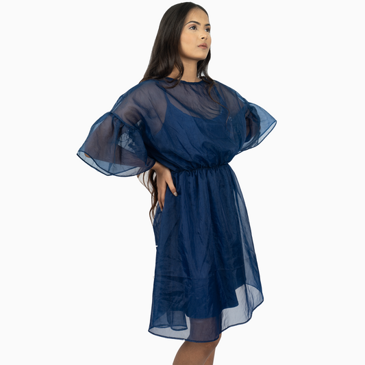 Elastic Bell Sleeves Oversized Dress - Navy Blue