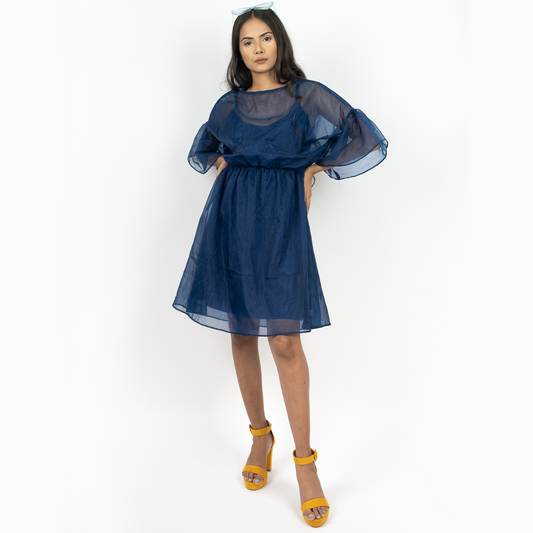 Round Neckline Organza Dress – Blue