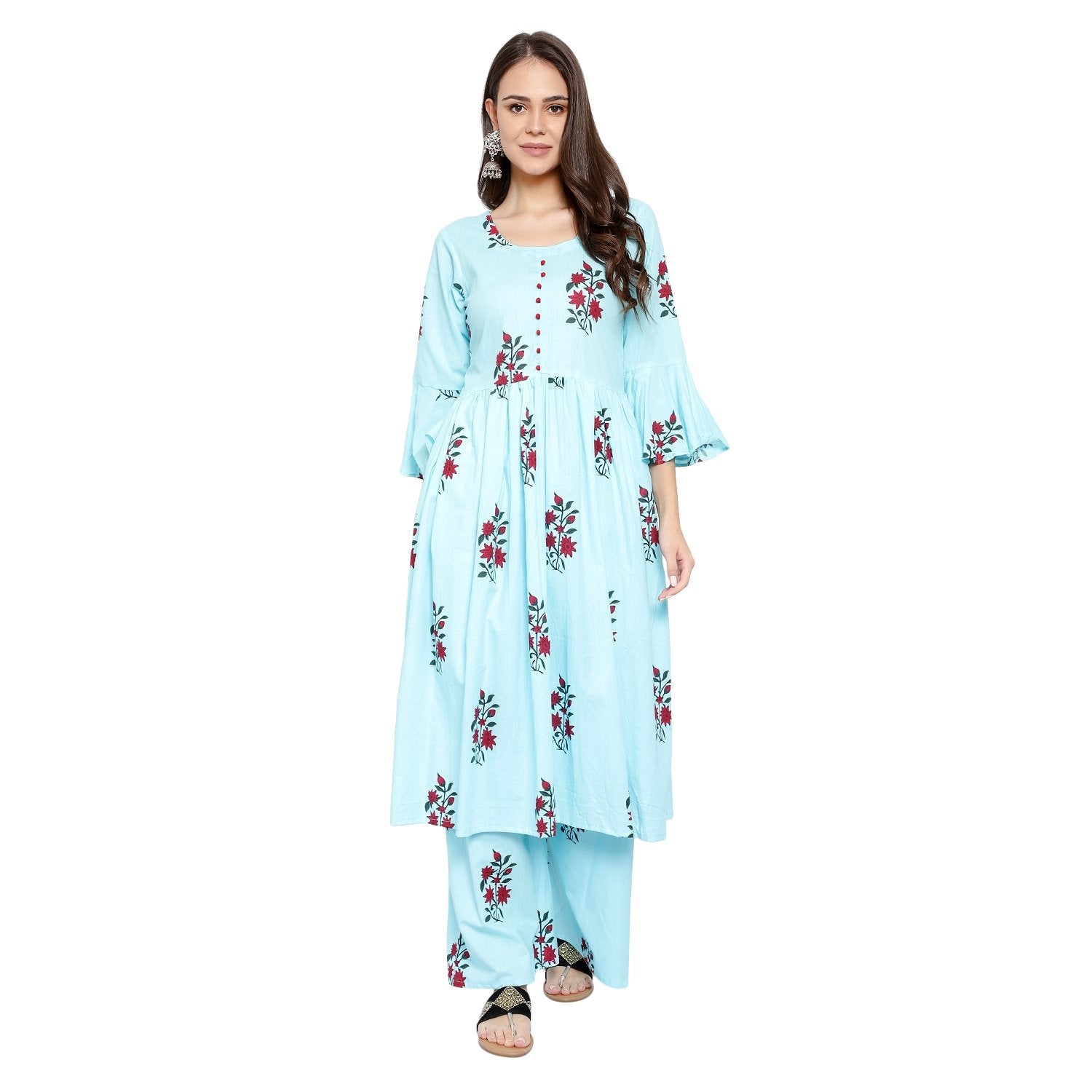 Floral Anarkali Pleated Kurta Set - Aqua Blue
