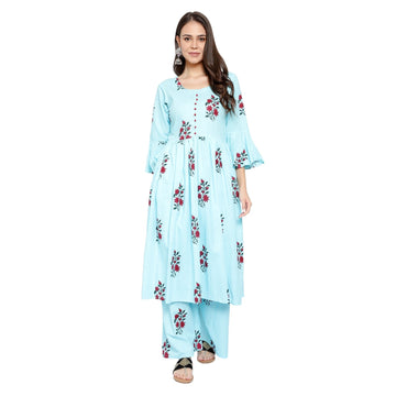 Floral Anarkali Pleated Kurta Set - Aqua Blue