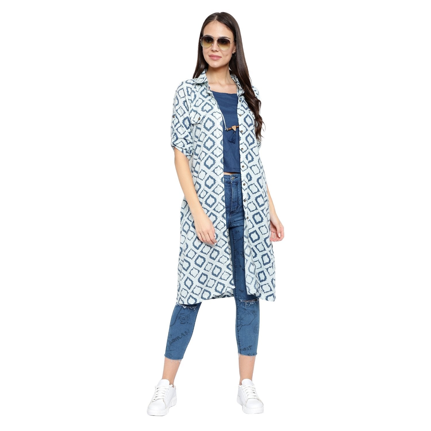 Printed Katha Cotton Long Kurti - Blue