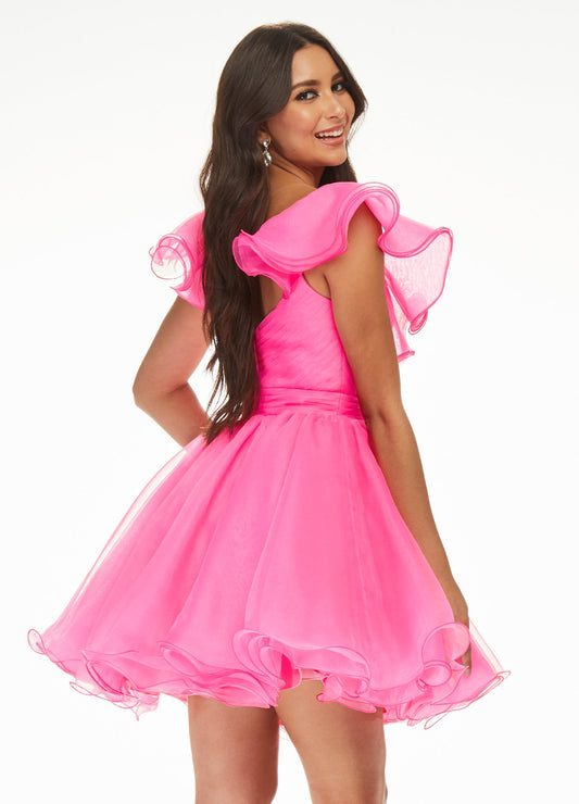 Pretty Ruffled Sleeve Short Dress – Pink