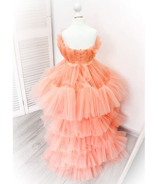 Baby Girl Birthday Dress With Detachable Trail  – Peach