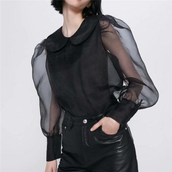 Women Elegant Organza Puff Sleeve Top Black