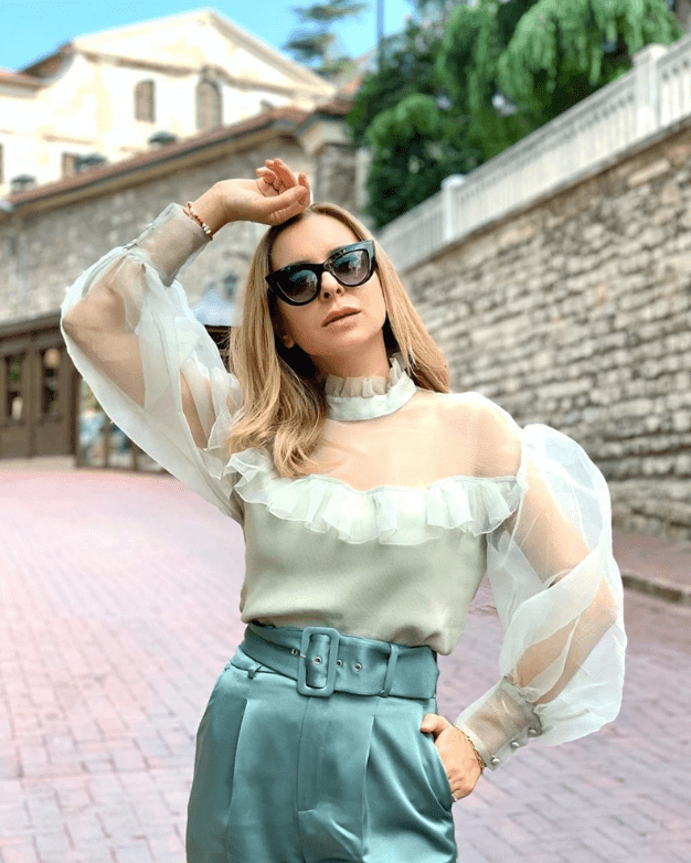 Turtle Neck  Organza Ruffle Top - Pastel Green