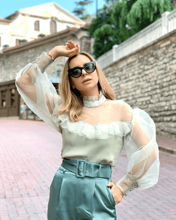 Turtle Neck  Organza Ruffle Top - Pastel Green