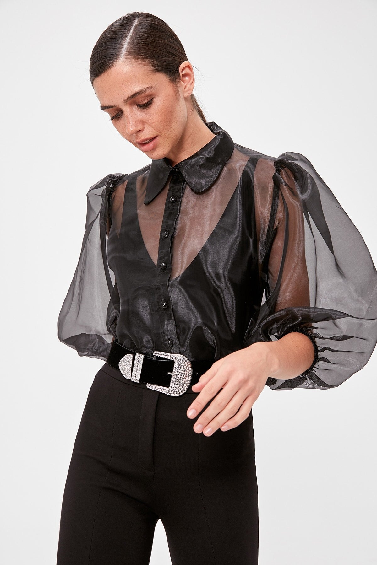 Women's Collar Puff Full Sleeves Organza Black Shirt