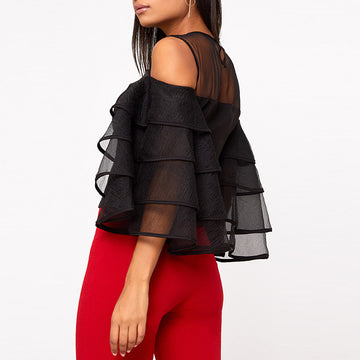 Layered Ruffle Sleeve Organza Top - Black