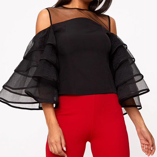 Layered Ruffle Sleeve Organza Top - Black