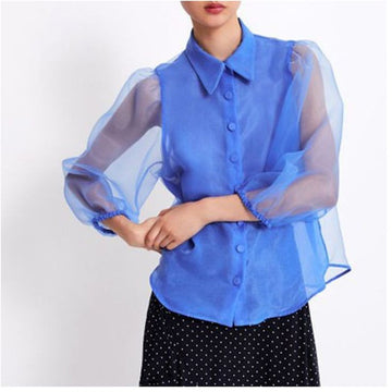 Stylish Shirt Style Organza Top - Blue