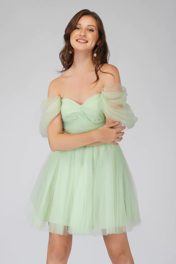 Offshoulder Pastel Green Tulle Mini Dress