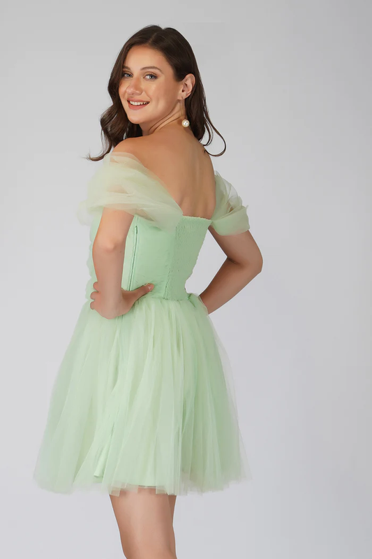 Offshoulder Pastel Green Tulle Mini Dress