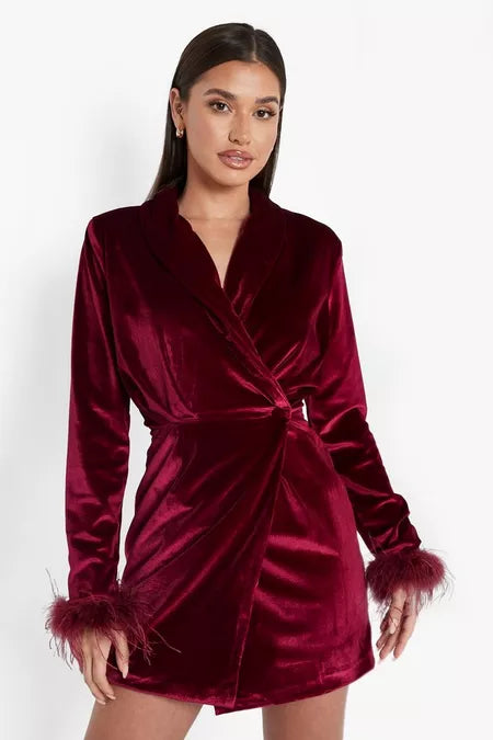 Velvet Feather Trim Wrap Blazer Party Wear Dress - Maroon