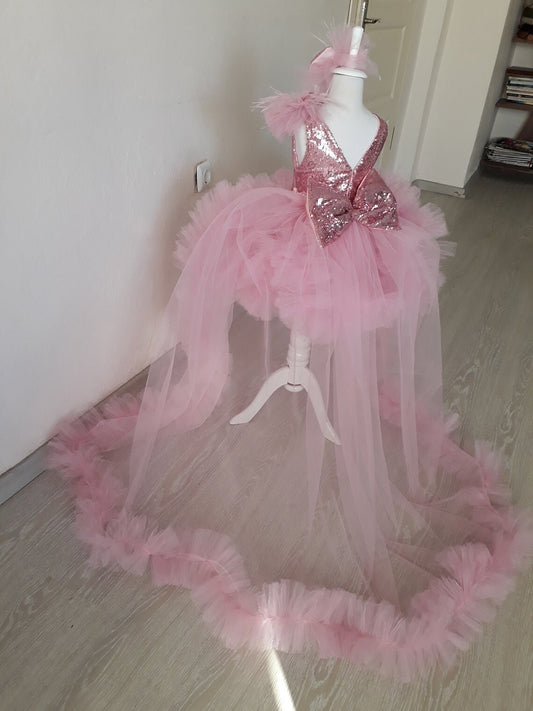 Baby Girl Birthday Dress With Detachable Trail