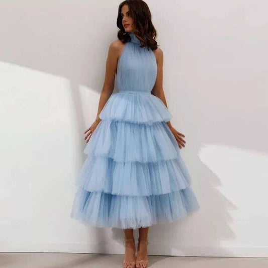 Ruffle Layered Tulle Hem Haltered A-line Party Dress