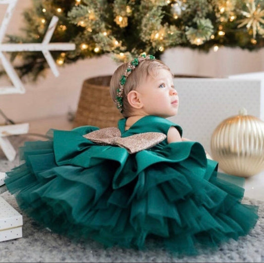 My First Birthday Satin & Tulle Dress With Glitter Bow