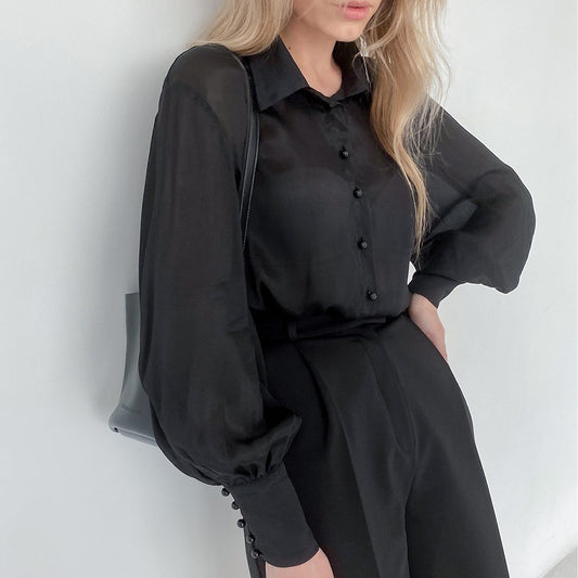 Women Satin Puff Sleeves Shirt - Black