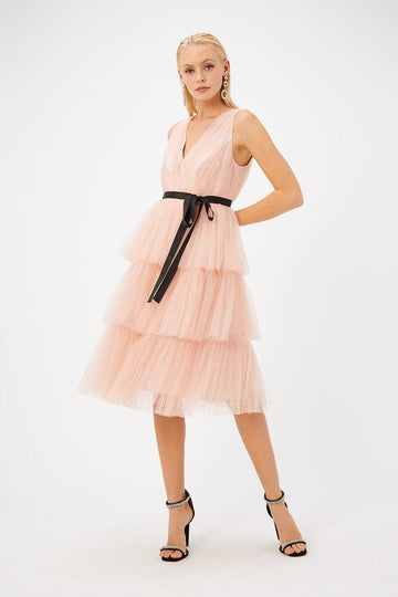 Tiered Ruffle A-Line Dress For Women -Peach