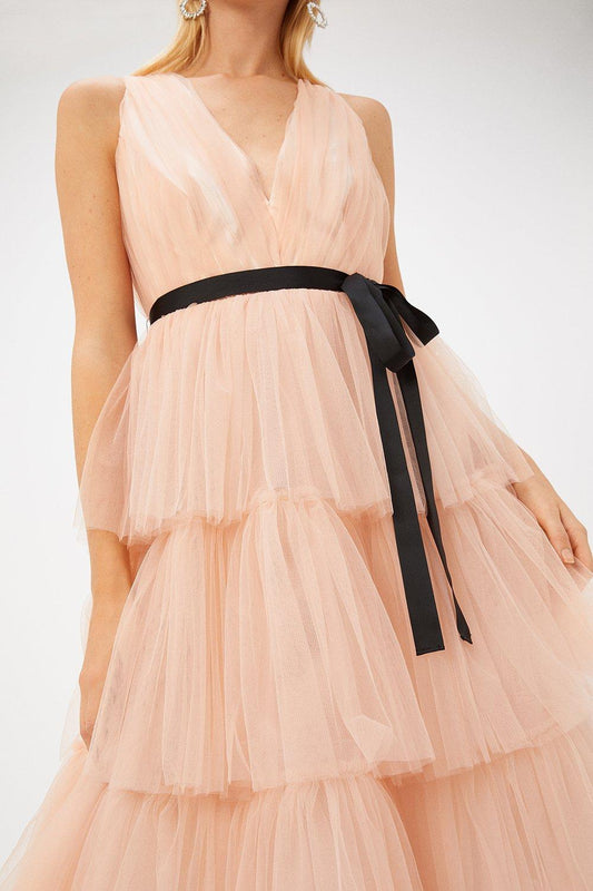 Tiered Ruffle A-Line Dress For Women -Peach