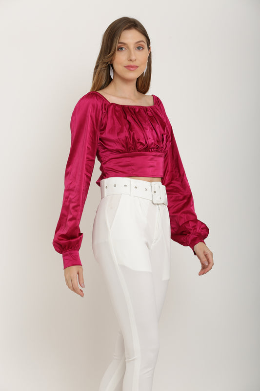 Elegant Fitted Satin Crop Top - Pink